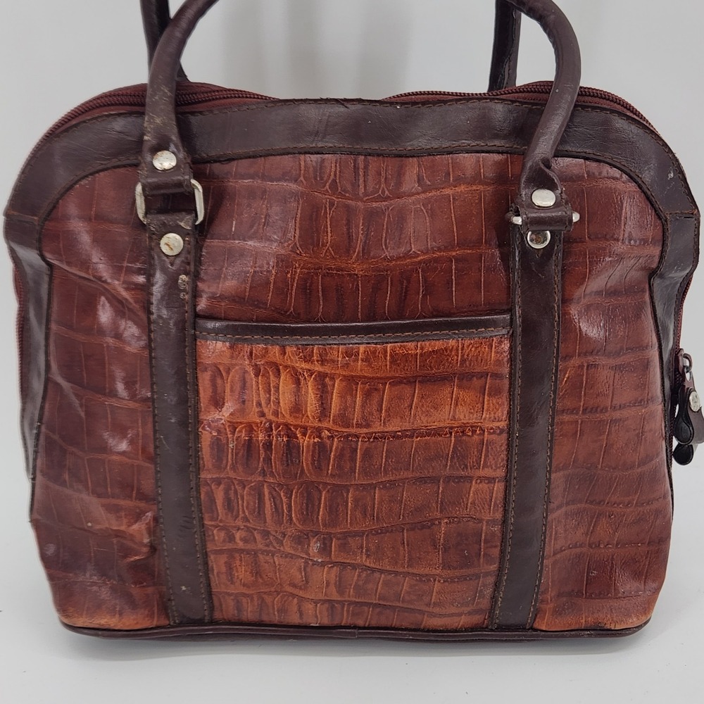 M.C.‎ Croc Embossed Leather Satchel Bag Brown Structured Handbag - Picture 4 of 16